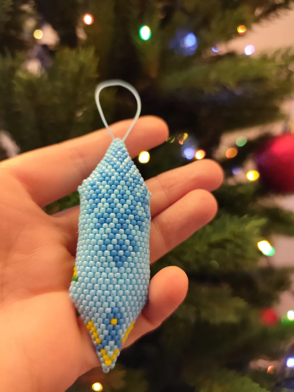 Blue Beaded Holiday Tree Ornament with Green Christmas Tree Design